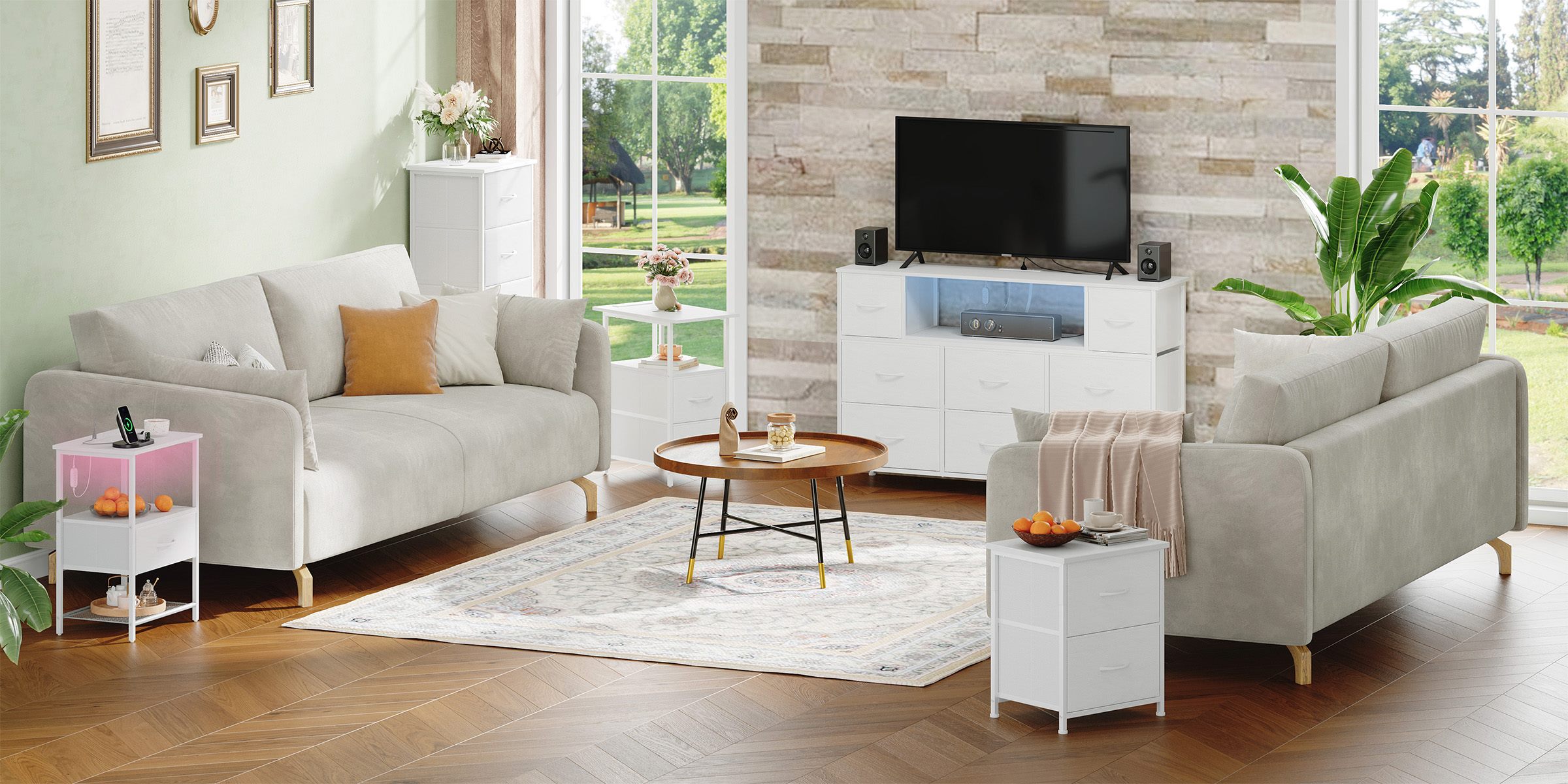 Bright modern living room furnished with coordinated Somdot storage